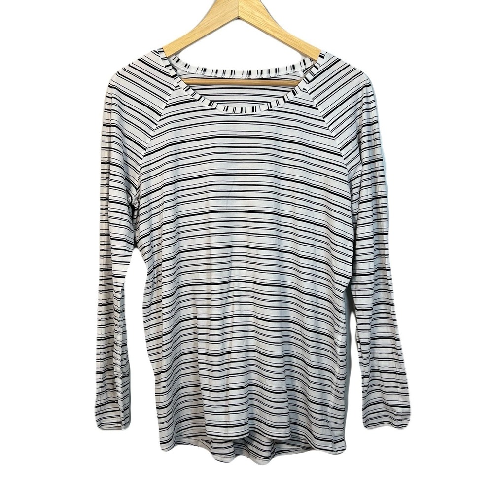 Lululemon White Black Striped Emerald Long Sleeve Tee Athleisure Workout Jog EUC